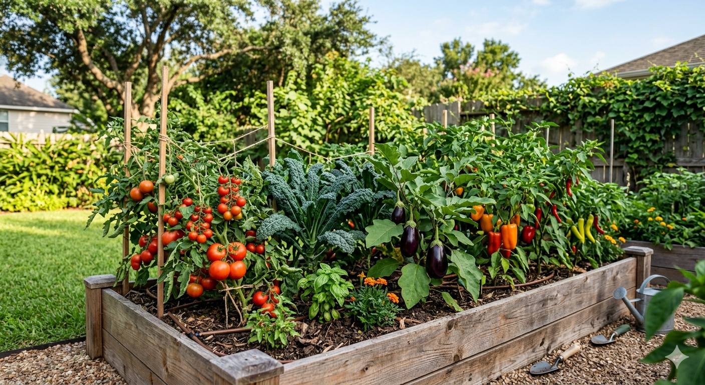 Best vegetables to grow in Houston — colorful raised bed garden with tomatoes, peppers, kale, and eggplant