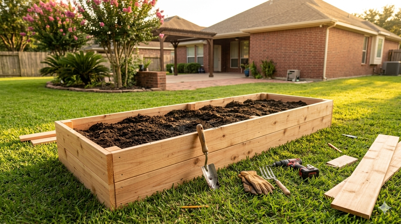 Raised bed garden Houston — cedar raised bed filled with dark garden soil in a sunny backyard