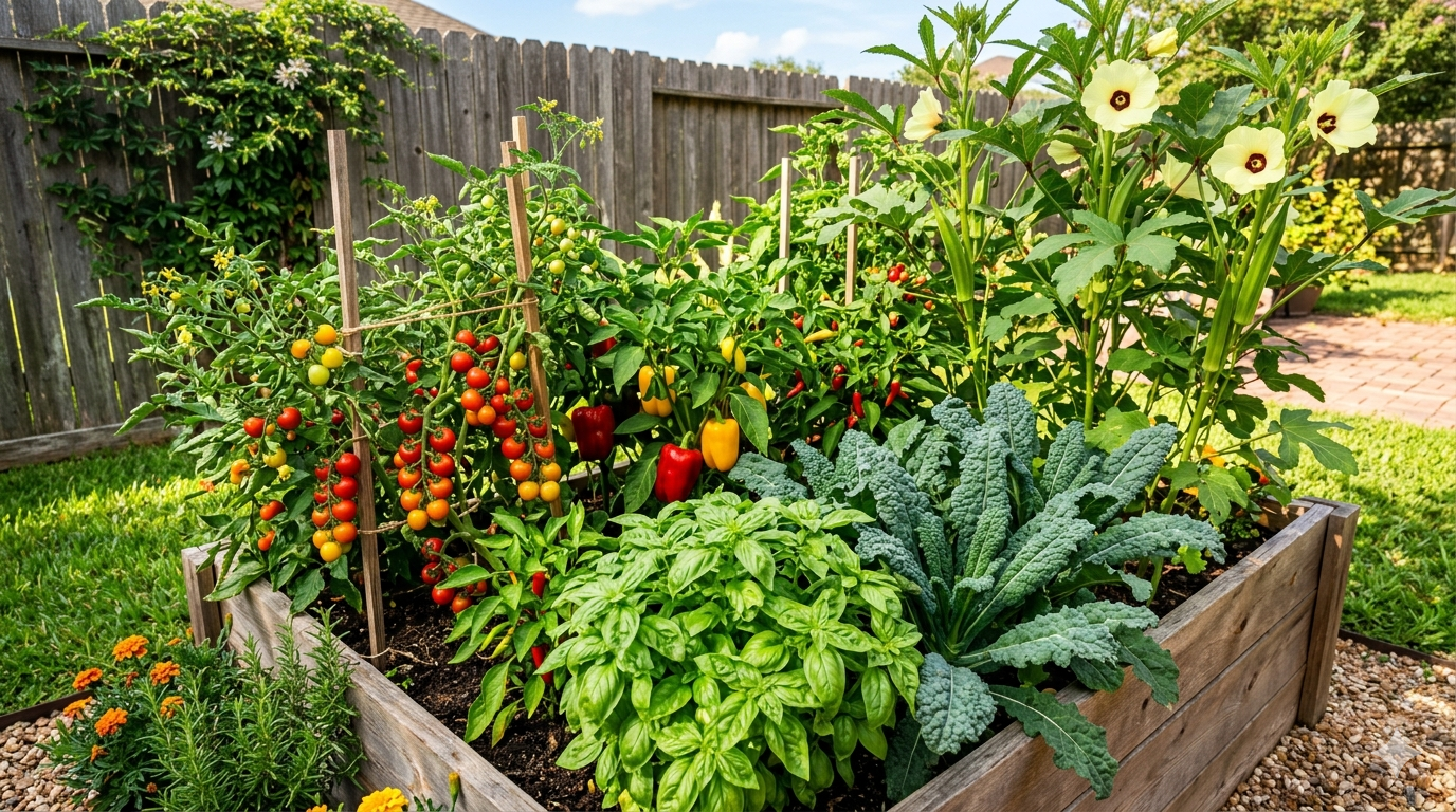 edible plants Houston — raised bed garden with vegetables and herbs